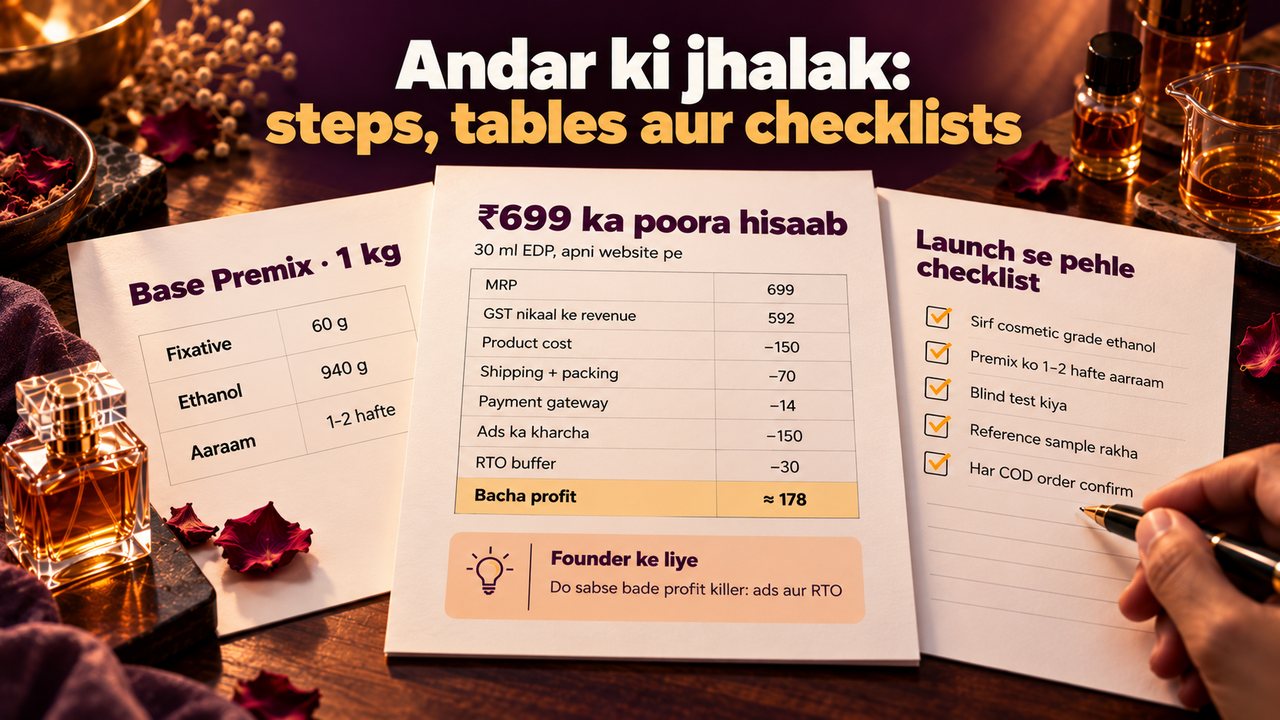 Course ke andar ki jhalak: 1 kg base premix formula, ₹699 perfume ka poora profit hisaab aur launch checklist
