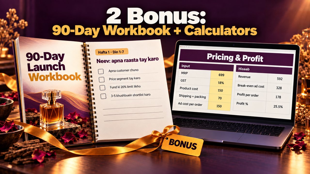 Bonus: 90-Day Launch Workbook ka Hafta 1 page aur perfume pricing aur profit calculator