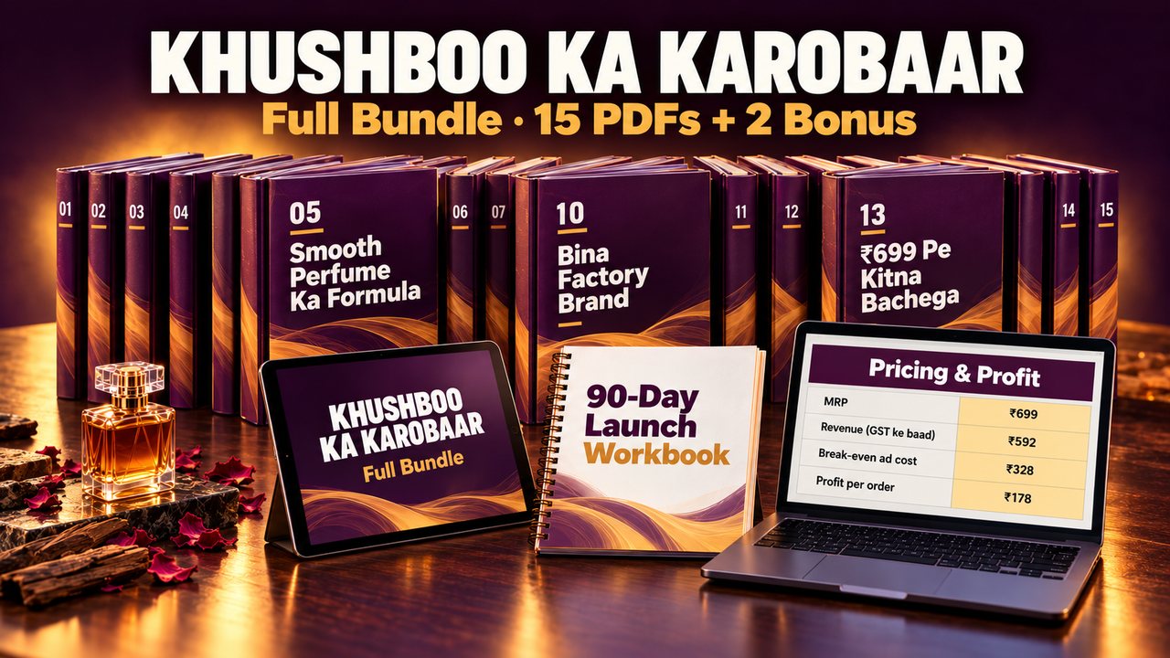 Khushboo Ka Karobaar Full Bundle: perfume business course ke 15 PDFs, 90-Day Launch Workbook aur pricing calculator